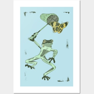 Cute frog catching butterflies Posters and Art